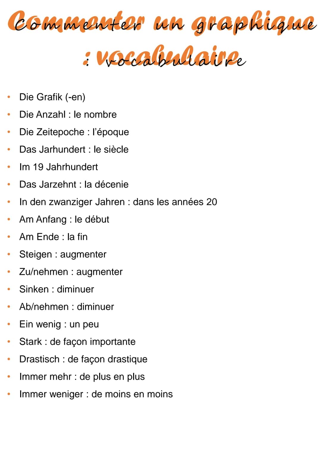 Commenter un graphique
: Vocabeahaire
●
●
●
●
●
●
●
●
●
●
●
●
●
●
●
●
Die Grafik (-en)
Die Anzahl : le nombre
Die Zeitepoche : l'époque
Das 