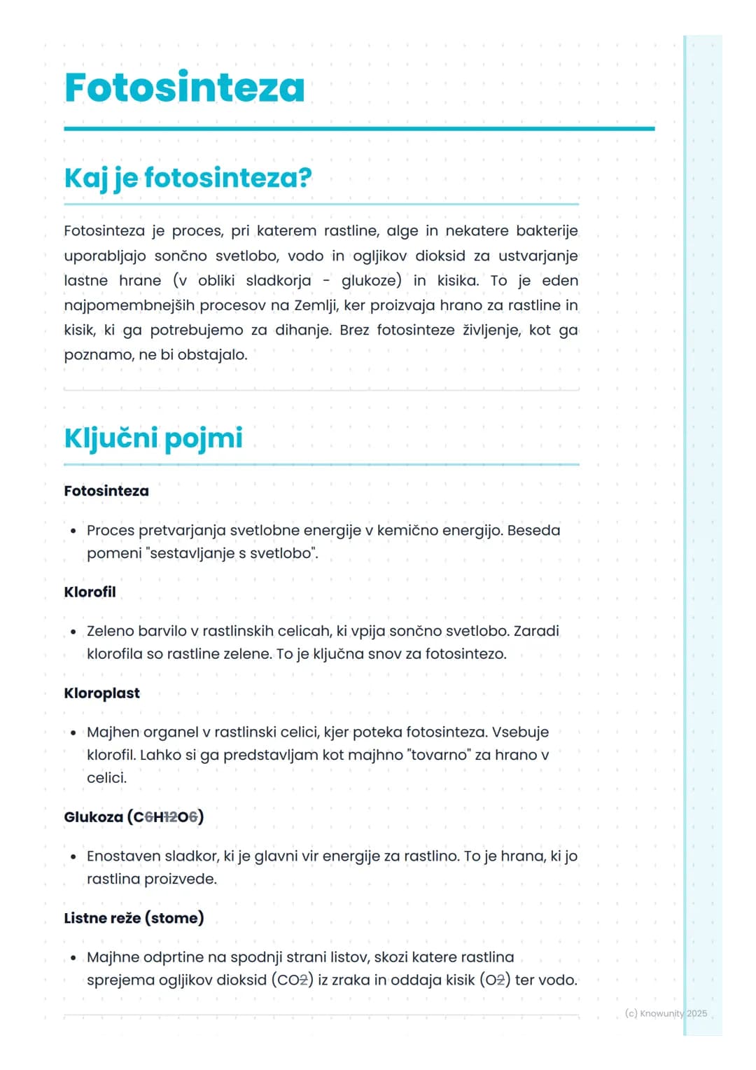 # Fotosinteza

## Kaj je fotosinteza?

Fotosinteza je proces, pri katerem rastline, alge in nekatere bakterije
uporabljajo sončno svetlobo, 