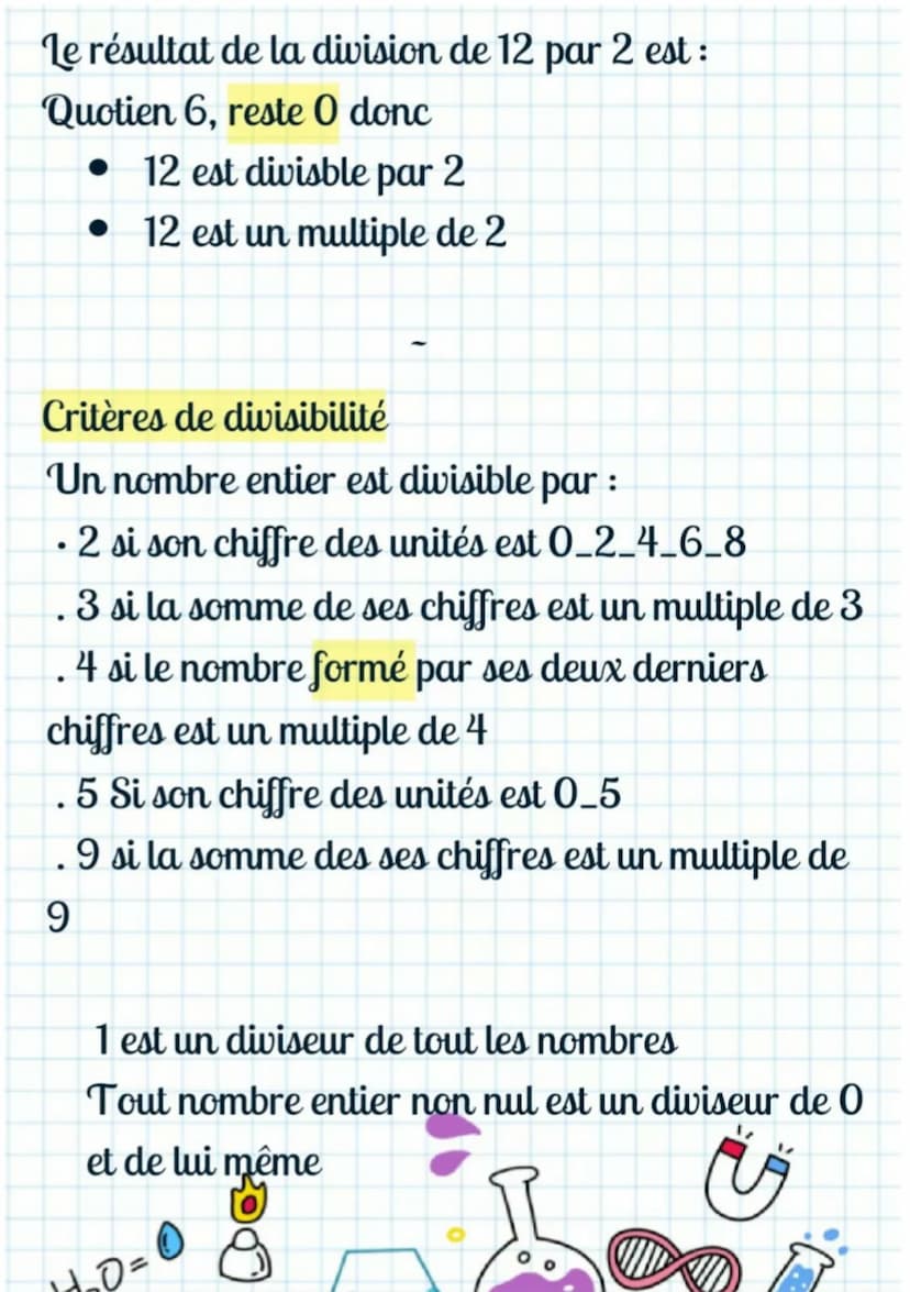 Le résultat de la division de 12 par 2 est:
Quotien 6, reste 0 donc
• 12 est divisble par 2
12 est un multiple de 2
Critères de divisibilité