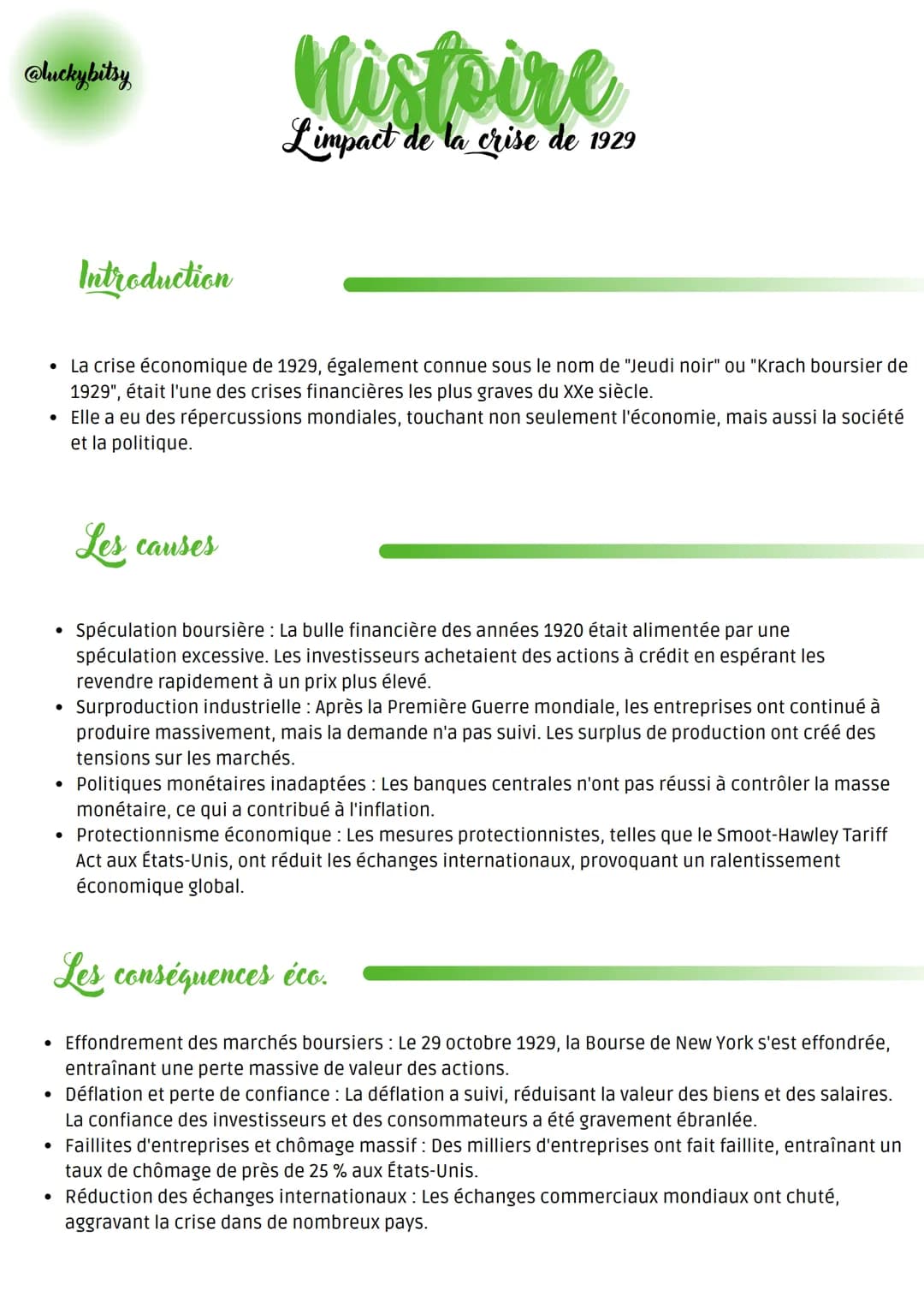 @luckybitsy
Introduction
Histoire
L'impact de la crise de 1929
• La crise économique de 1929, également connue sous le nom de "Jeudi noir" o