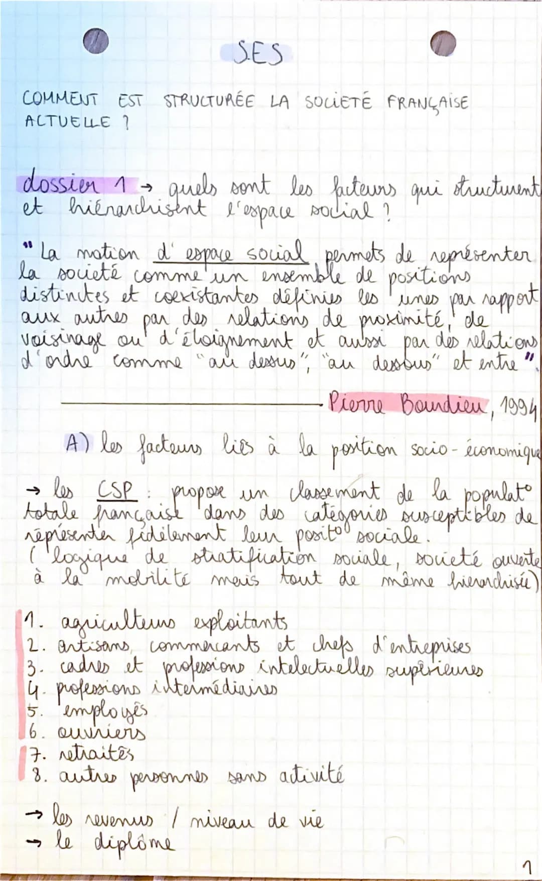 SES
COMMENT EST STRUCTURÉE LA SOCIETE FRANÇAISE
ACTUELLE 1
dossier 1- quels sont les facteurs qui structurent
et hierarchisent l'espace soci