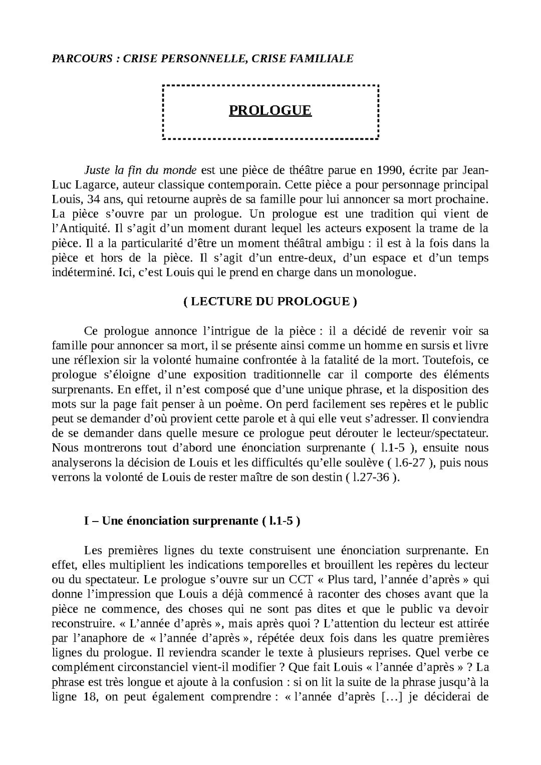 Analyse linéaire - Juste la fin du monde: Scènes et Prologue