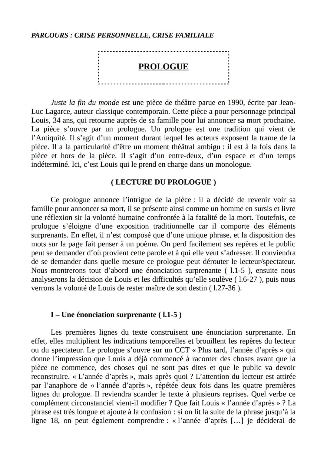 PARCOURS: CRISE PERSONNELLE, CRISE FAMILIALE
PROLOGUE
Juste la fin du monde est une pièce de théâtre parue en 1990, écrite par Jean-
Luc Lag