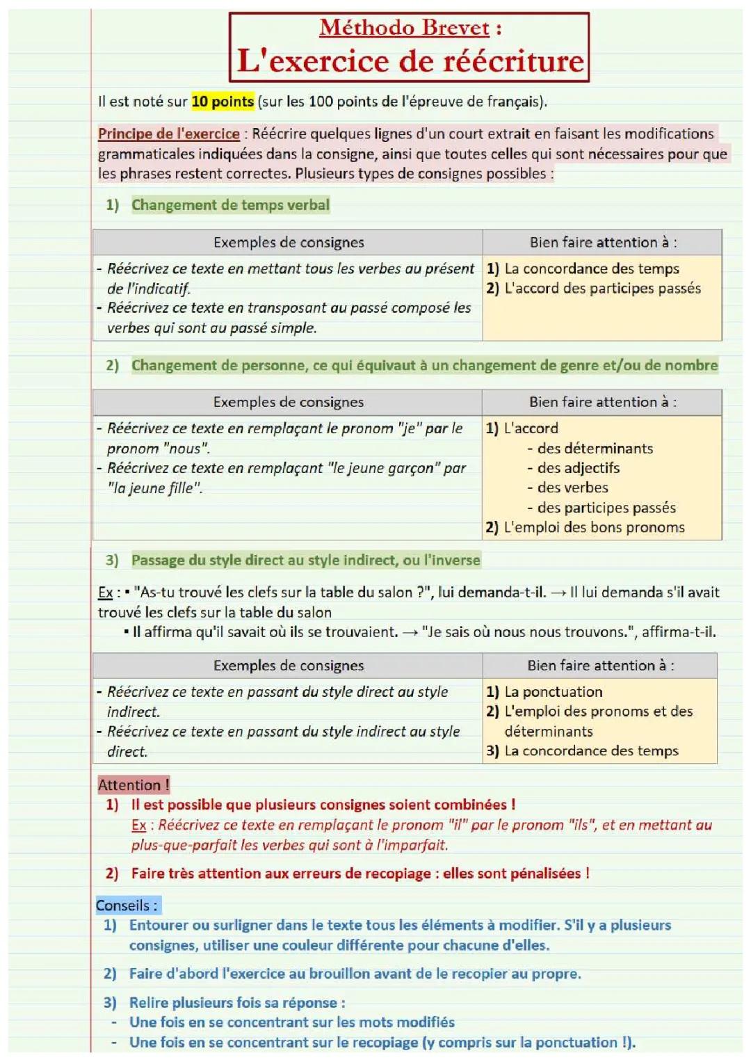 Exercices de Réécriture 3ème avec Corrections PDF - Brevet 2024