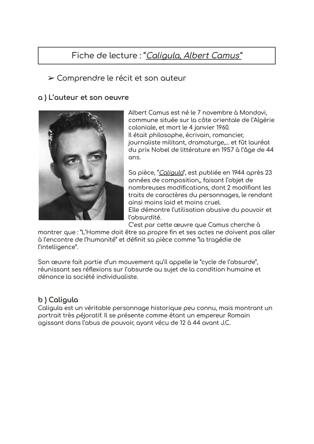 Fiche de lecture: "Caligula, Albert Camus"

➤ Comprendre le récit et son auteur

a) L'auteur et son oeuvre

Albert Camus est né le 7 novembr