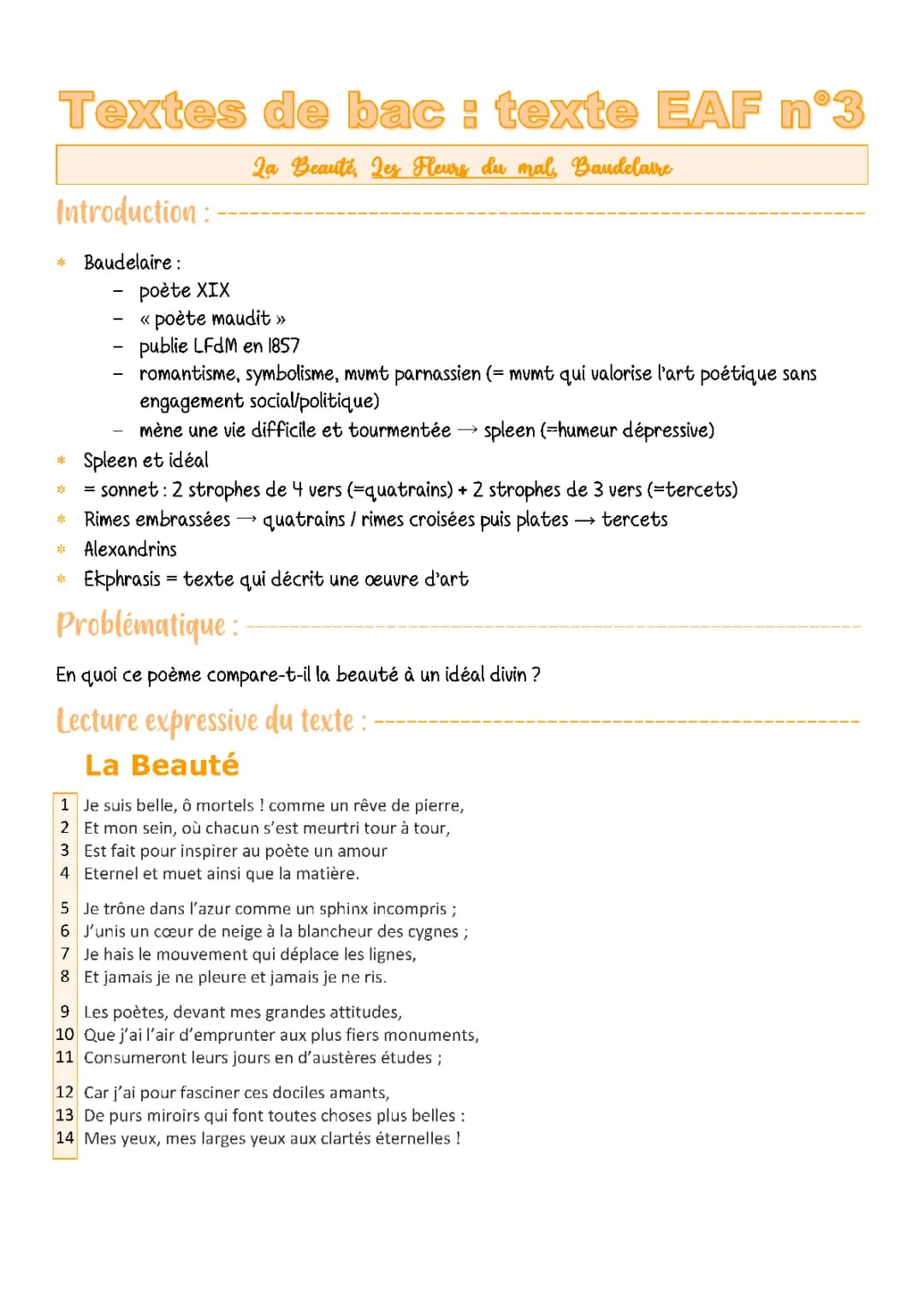 Analyse linéaire de 'La Beauté' par Baudelaire - Les Fleurs du Mal, PDF disponible