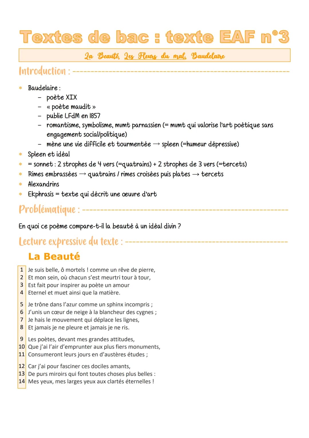 Textes de bac : texte EAF n°3
8
La Beauté, Les Fleurs du mal, Baudelaire
Introduction:
*Baudelaire :
poète XIX
«< poète maudit »
publie LFdM