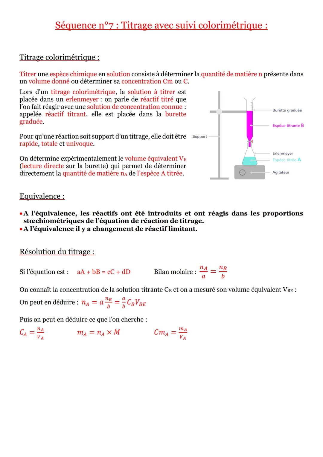 # Séquence n°7: Titrage avec suivi colorimétrique :

Titrage colorimétrique :

Titrer une espèce chimique en solution consiste à déterminer 