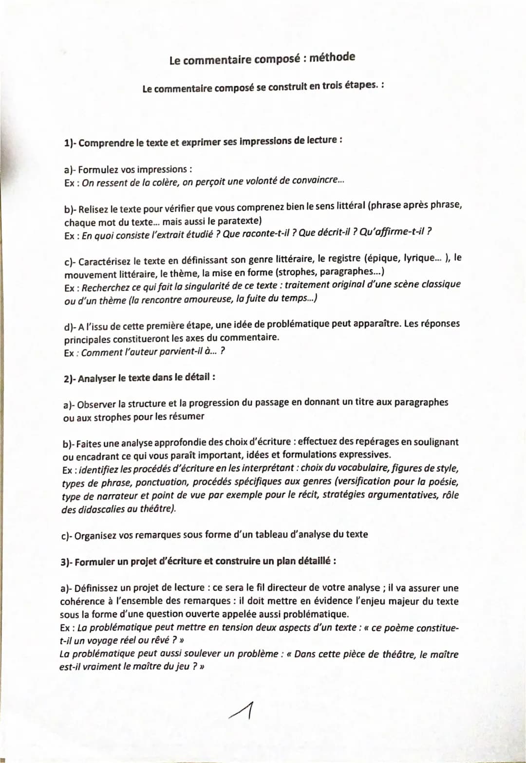 Le commentaire composé : méthode
Le commentaire composé se construit en trois étapes. :
1)- Comprendre le texte et exprimer ses impressions 
