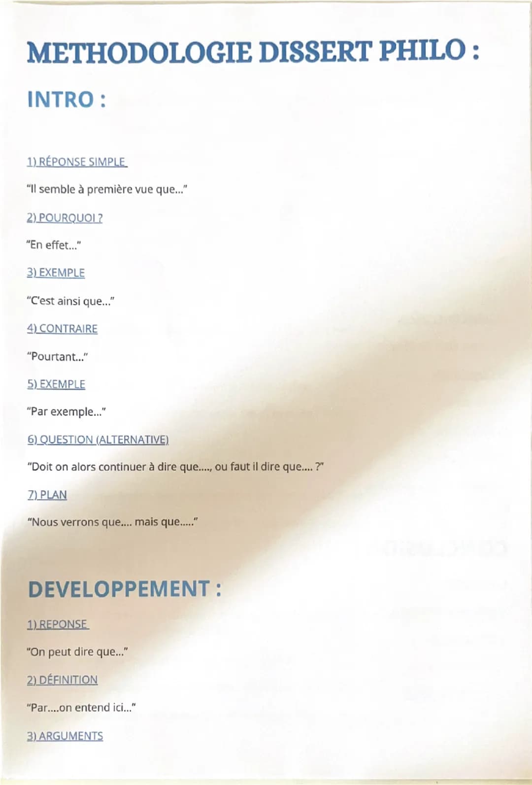 METHODOLOGIE DISSERT PHILO:
INTRO:
1) RÉPONSE SIMPLE
"Il semble à première vue que..."
2) POURQUOI ?
"En effet..."
3) EXEMPLE
"C'est ainsi q