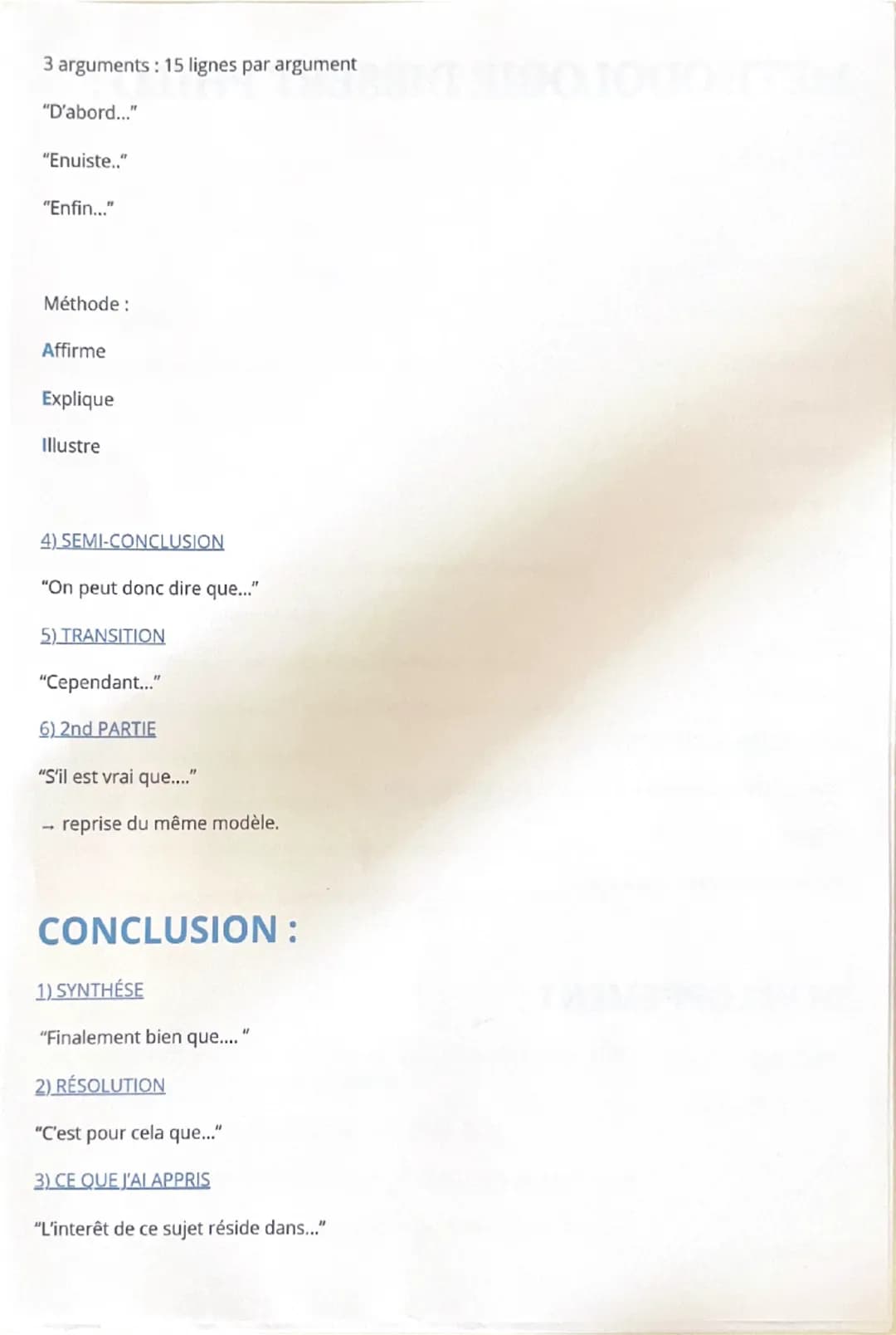 METHODOLOGIE DISSERT PHILO:
INTRO:
1) RÉPONSE SIMPLE
"Il semble à première vue que..."
2) POURQUOI ?
"En effet..."
3) EXEMPLE
"C'est ainsi q