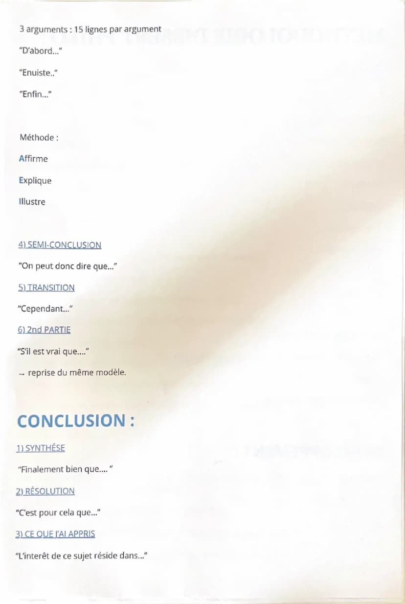 METHODOLOGIE DISSERT PHILO:
INTRO:
1) RÉPONSE SIMPLE
"Il semble à première vue que..."
2) POURQUOI ?
"En effet..."
3) EXEMPLE
"C'est ainsi q