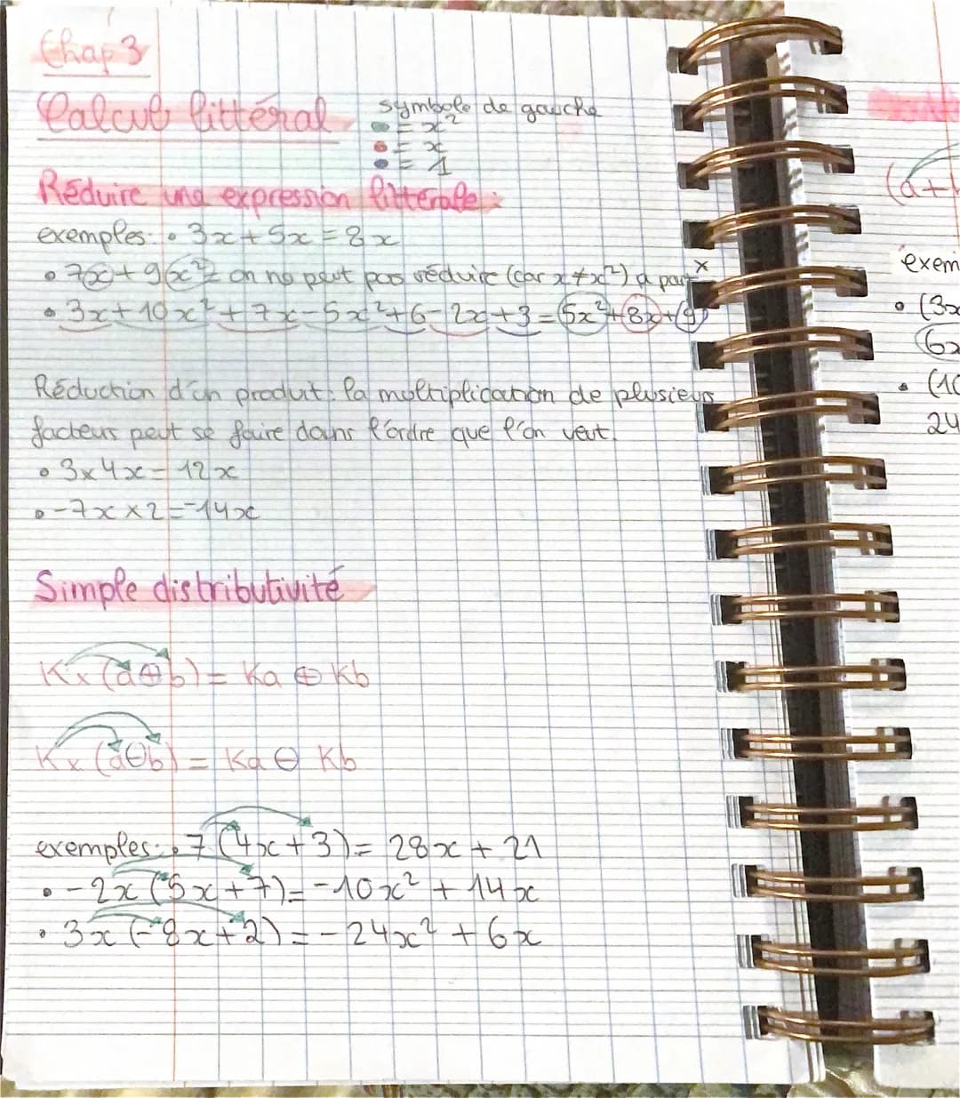 Chap 3
Calcul littéral
Réduire une expression littérale
exemples 3x + 5x = 8x
6
760+ 960¹²2 on no peut pas réduire (carx+x²) a par
3x + 10x²