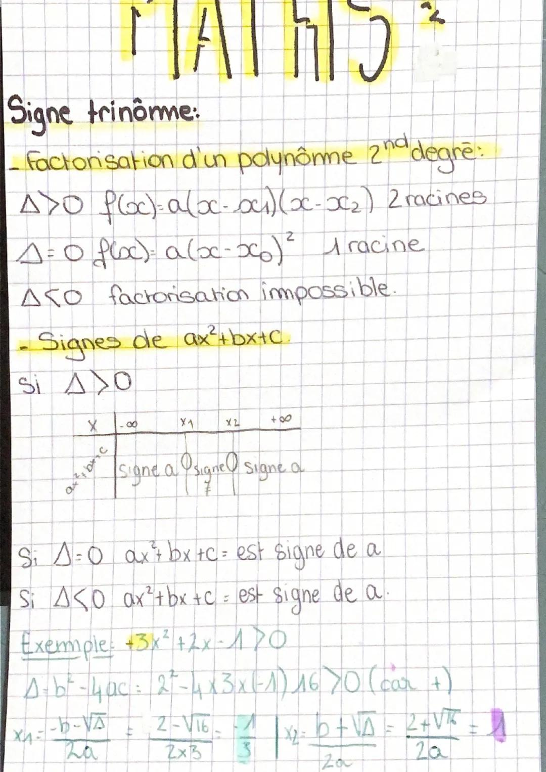 CHIM

fonction polynormes de 2 degrés:
f(oc): ax²+bx+c
↳ aussi appelé trinôme.

forme canonique:
f(oc)=a(x-a)²+β
sat: α=$\frac{-b}{2a}$ et B