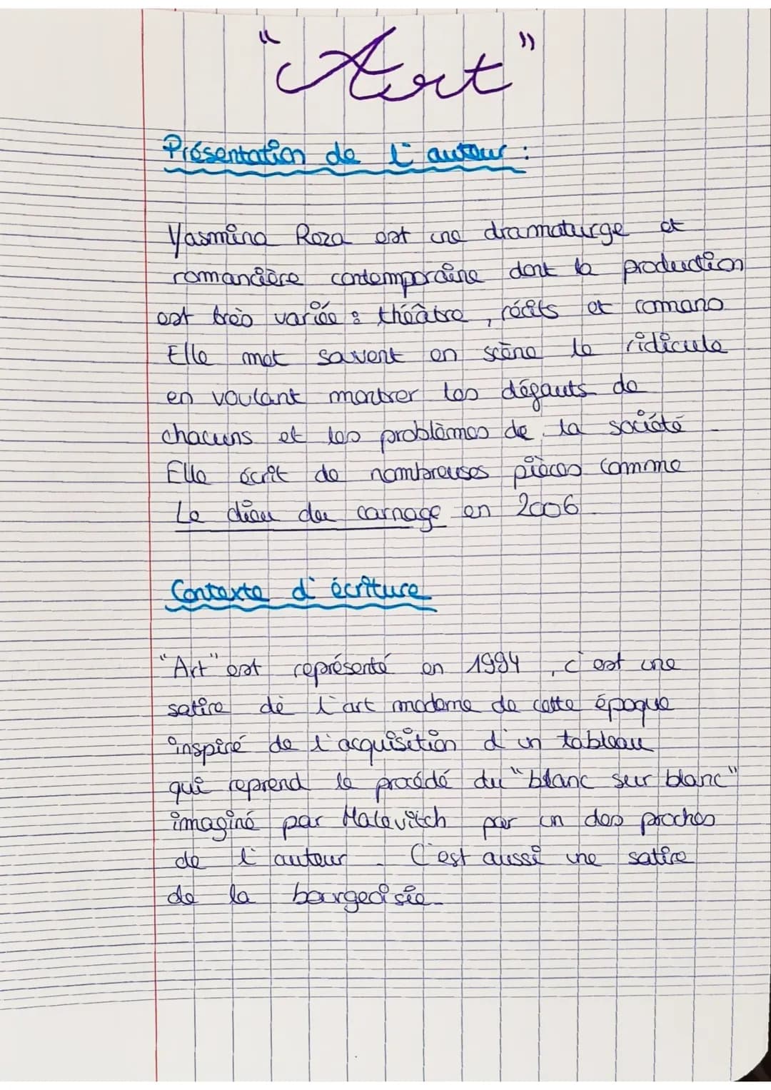 "Art"
Présentation de l'auteur :
Yasmina Roza est cre dramaturge
romandière contemporaine dont la production
récits et comano
scène le ridic