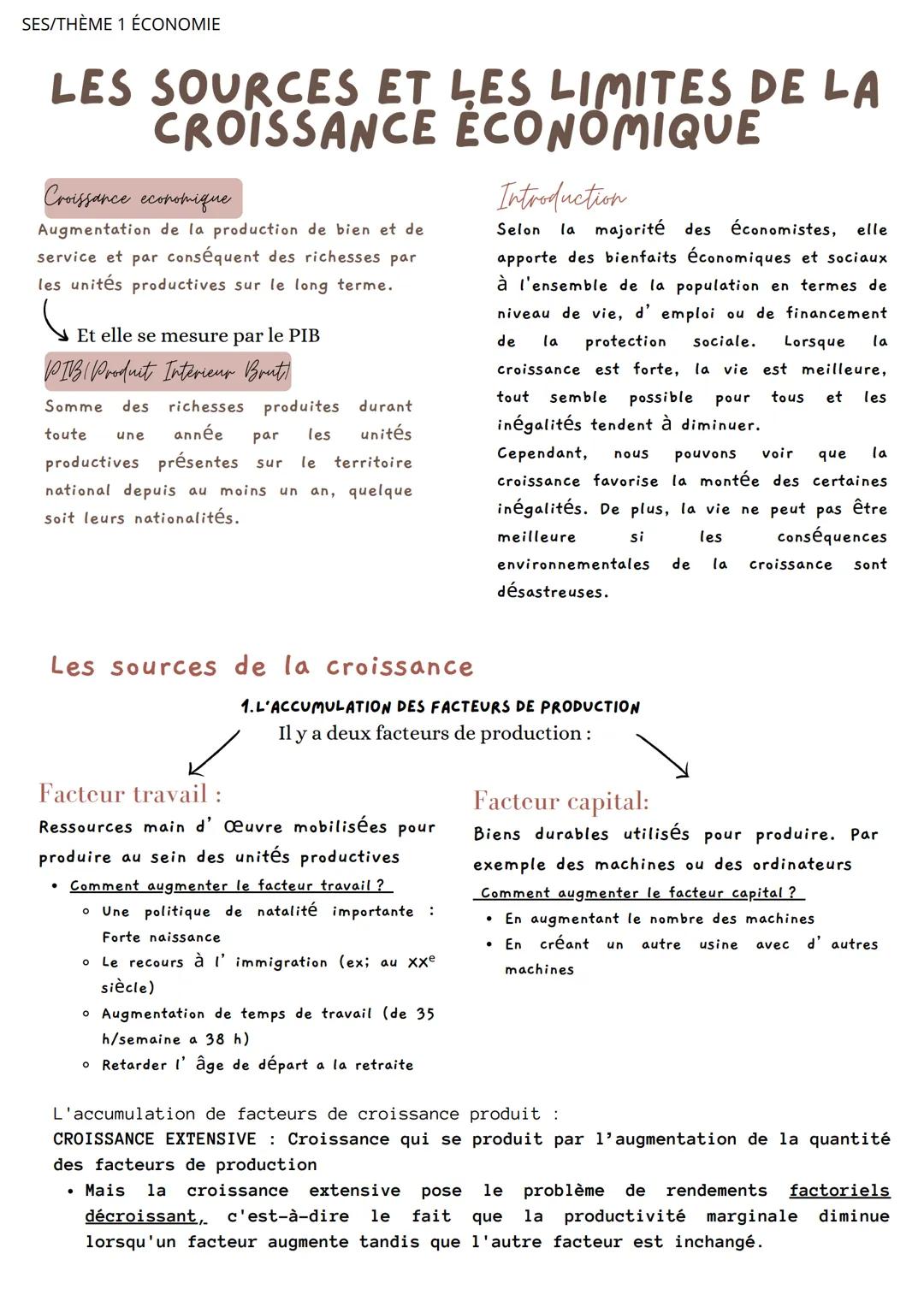 SES/THÈME 1 ÉCONOMIE
LES SOURCES ET LES LIMITES DE LA
CROISSANCE ÉCONOMIQUE
Croissance economique
Augmentation de la production de bien et d