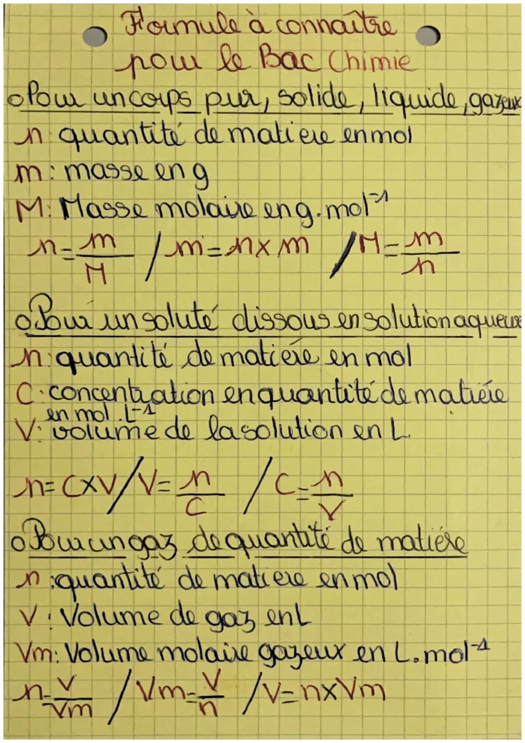 Formule à connaître
a
pour le Bac Chimie
。 Pour un coups pur, solide, liquide, gazeux
in quantité de matiere en mol
m: masse eng
M. Masse mo