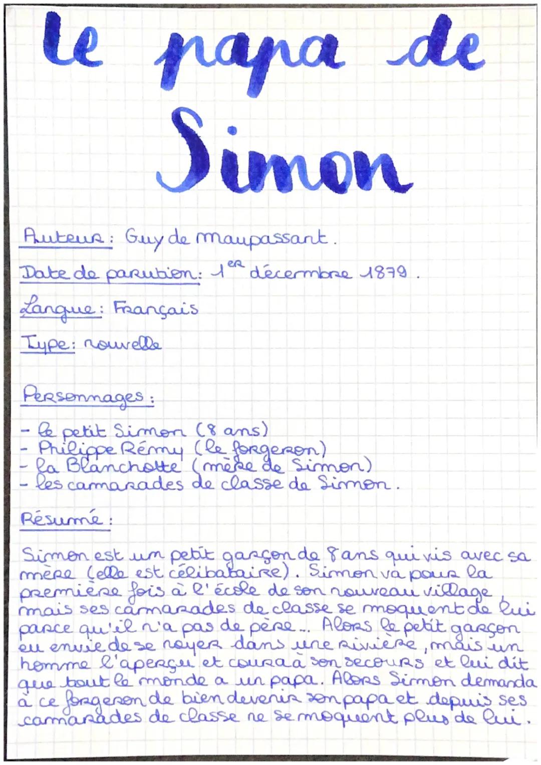 le papa de
Simon
Puteus: Guy de Maupassant.
eR
Date de parution: I décembre 1879.
Langue: Français
-
-
Type: nouvelle
Personnages:
le petit 