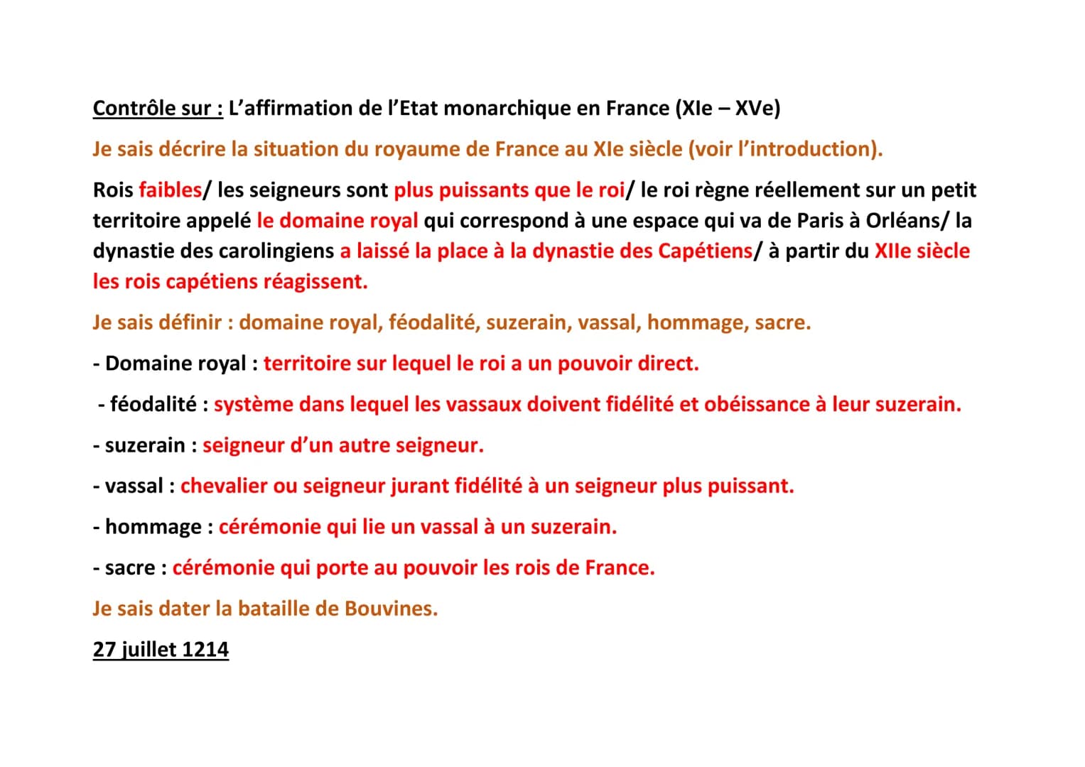 Contrôle sur : L'affirmation de l'Etat monarchique en France (Xle - XVe)
Je sais décrire la situation du royaume de France au Xle siècle (vo