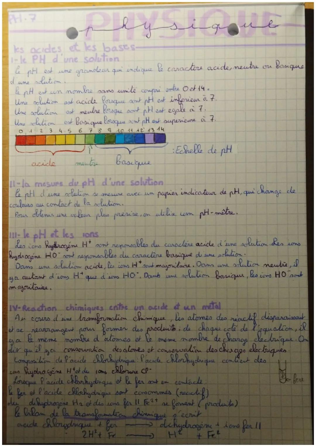 PH-7
# hysique
les acides et ks bases-
1-le PH d'une solution
le pH est une grandeur qui indique le caractere acide, neutre on Basique
d'une