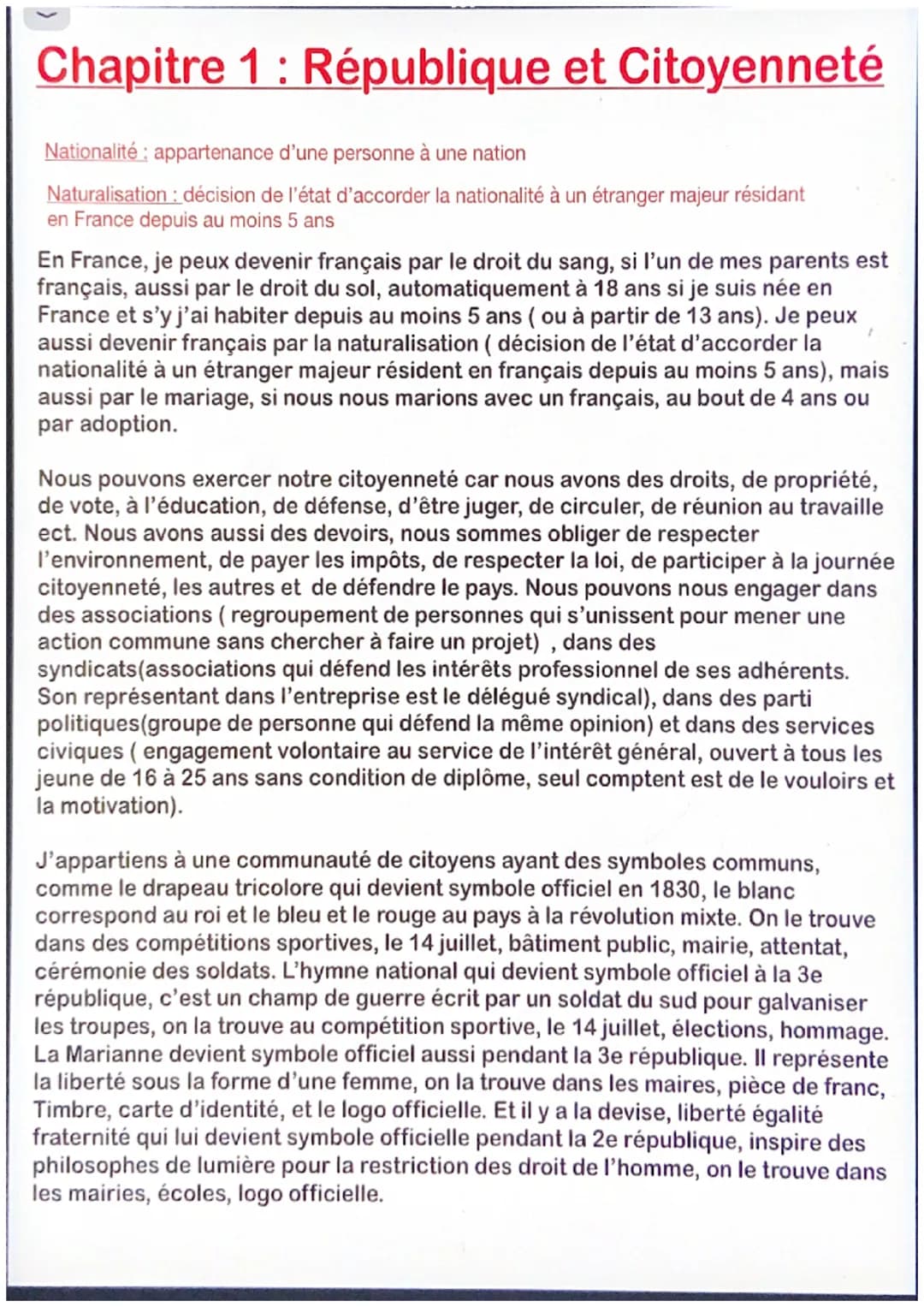 Chapitre 1 : République et Citoyenneté
Nationalité : appartenance d'une personne à une nation
Naturalisation : décision de l'état d'accorder