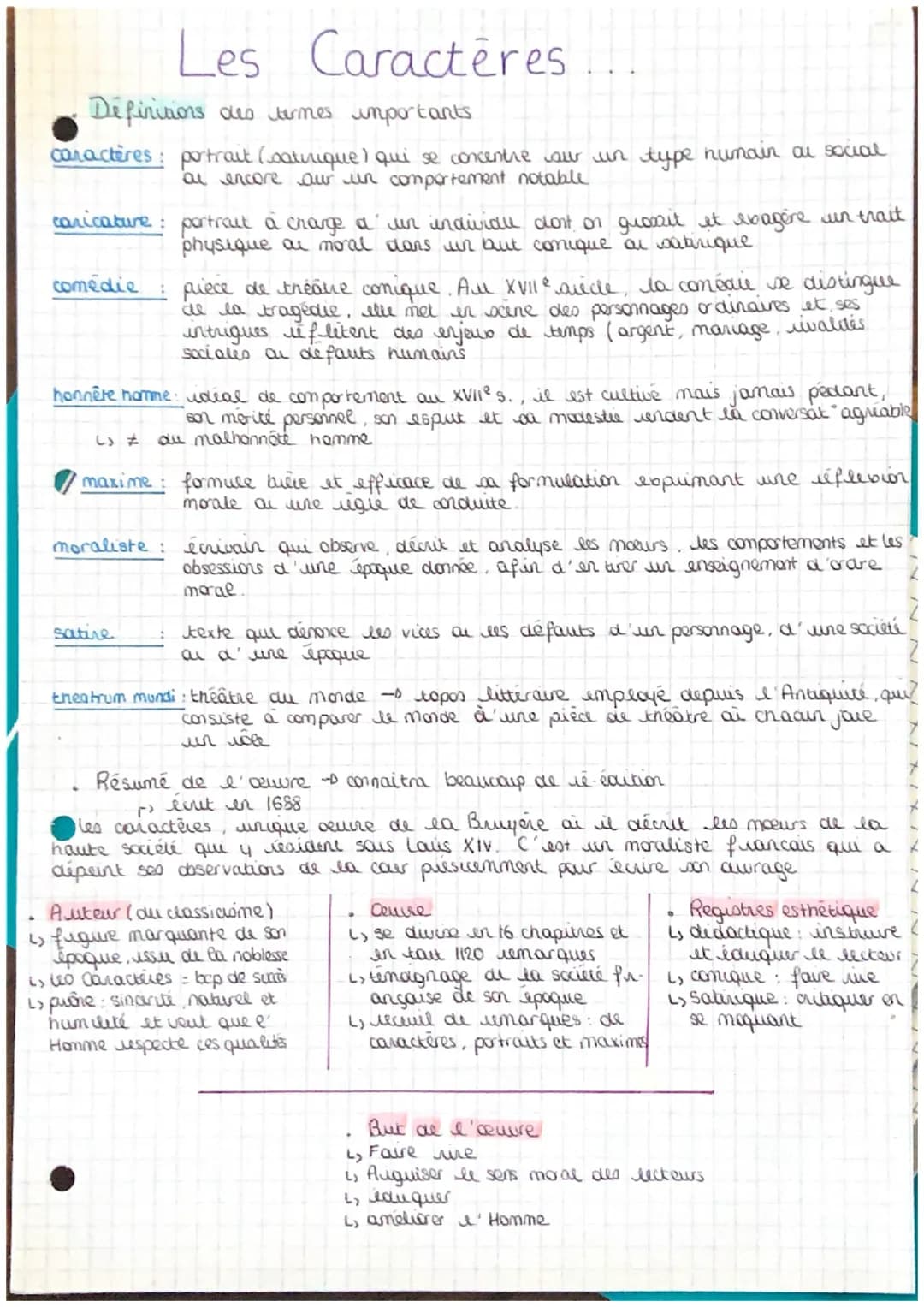 Les Caractères
Definitions des termes importants
caractères: portrait (satirique) qui se concentre aur un type humain ar social
al encore ou