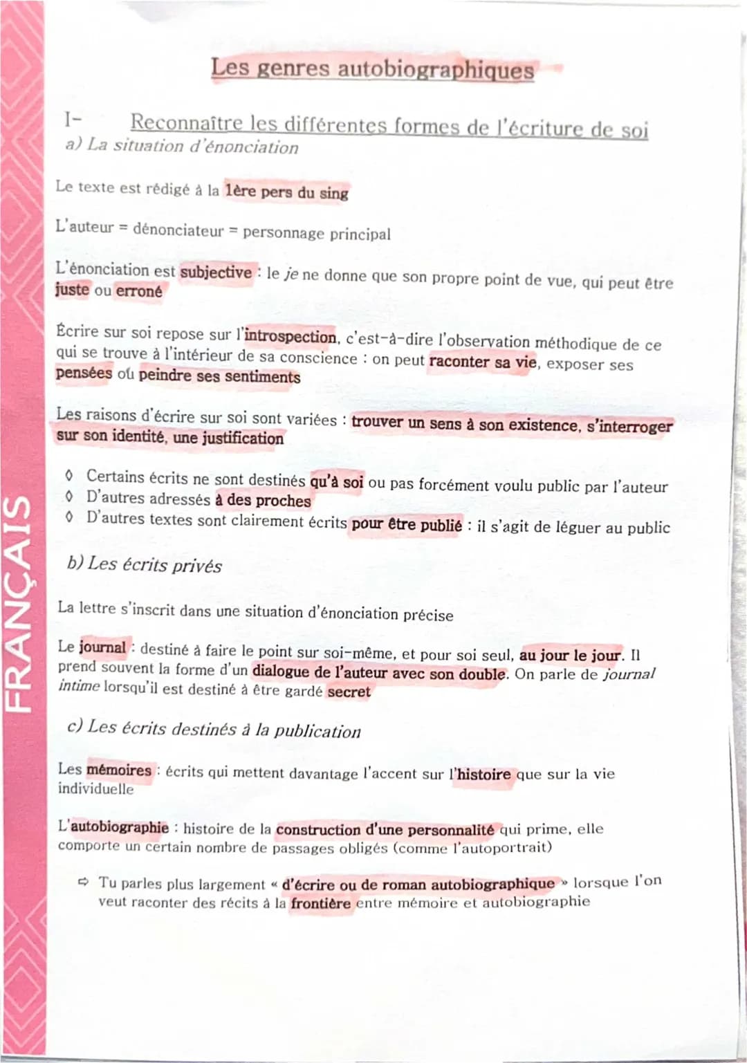 Fiche révision autobiographie 3ème : Sujet brevet, textes et exemples PDF corrigés