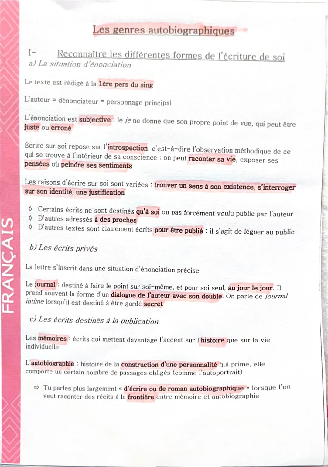 FRANÇAIS
Les genres autobiographiques
1-
Reconnaître les différentes formes de l'écriture de soi
a) La situation d'énonciation
Le texte est 