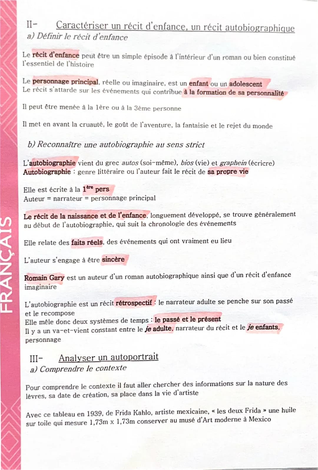 FRANÇAIS
Les genres autobiographiques
1-
Reconnaître les différentes formes de l'écriture de soi
a) La situation d'énonciation
Le texte est 