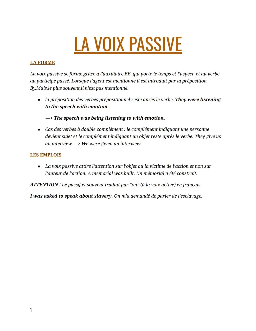 LA VOIX PASSIVE
La voix passive se forme grâce a l'auxiliaire BE,qui porte le temps et l'aspect, et au verbe
au participe passé. Lorsque l'a