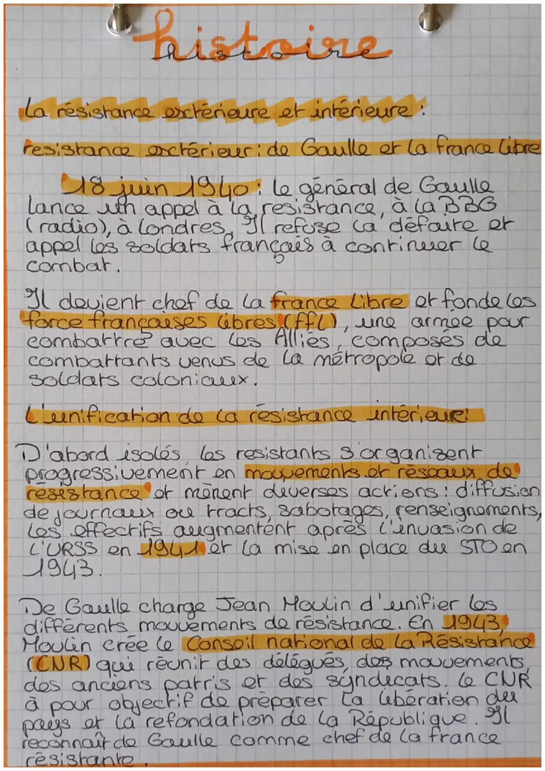 # histoire

La résistance extérieure et intérieure :

resistance exctérieuri de Gaulle et la france libre

18 juin 1940: Le général de Gaull
