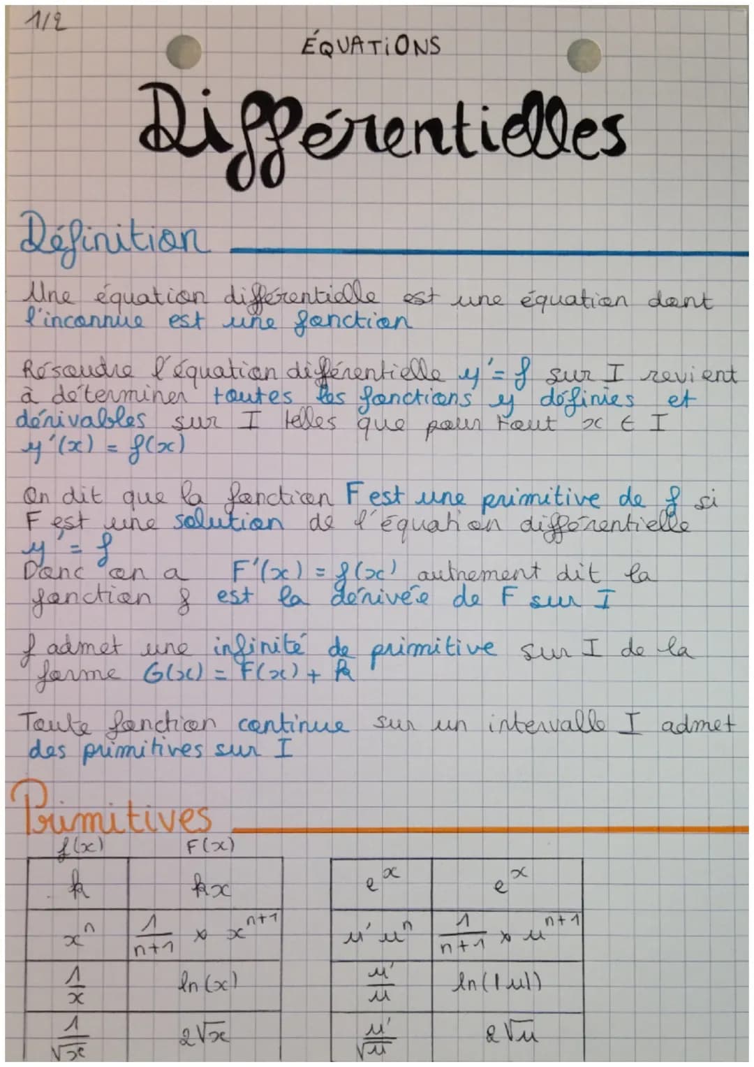 1/2
ÉQUATIONS
Différentielles
Definition
Une équation differentielle est une équation dent
l'inconnue est une fonction
Résoudre l'équation d