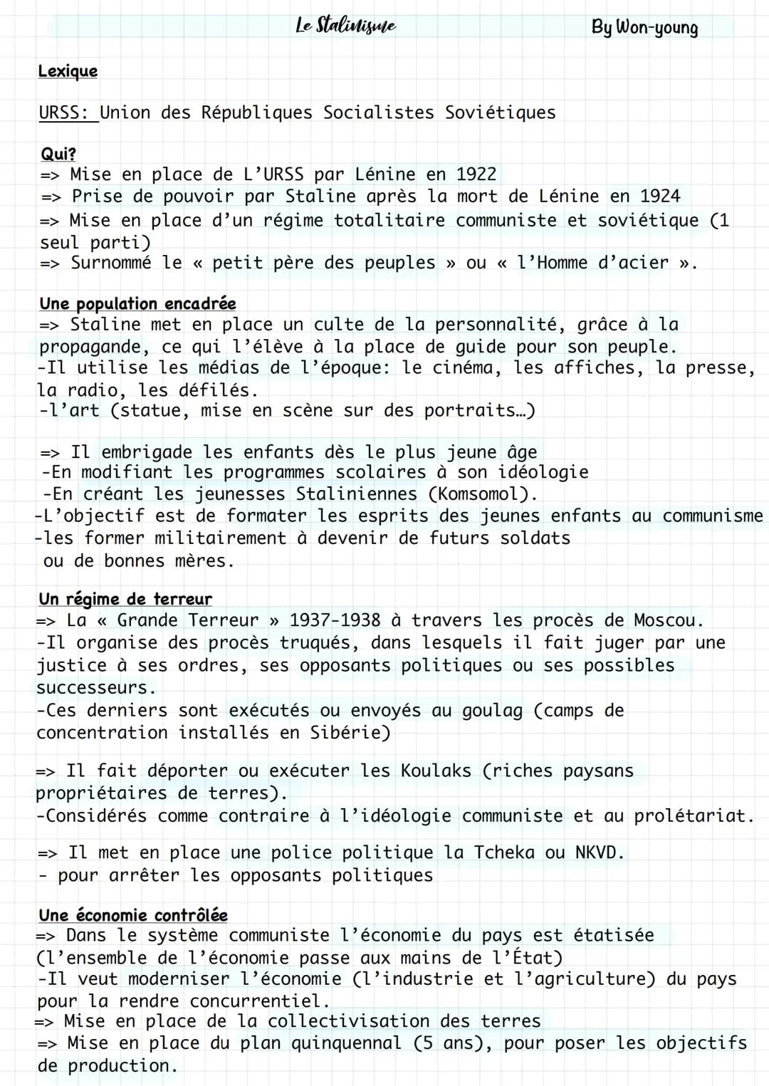 Le Stalinisme
Lexique
URSS: Union des Républiques Socialistes Soviétiques
Qui?
=> Mise en place de L'URSS par Lénine en 1922
=> Prise de pou