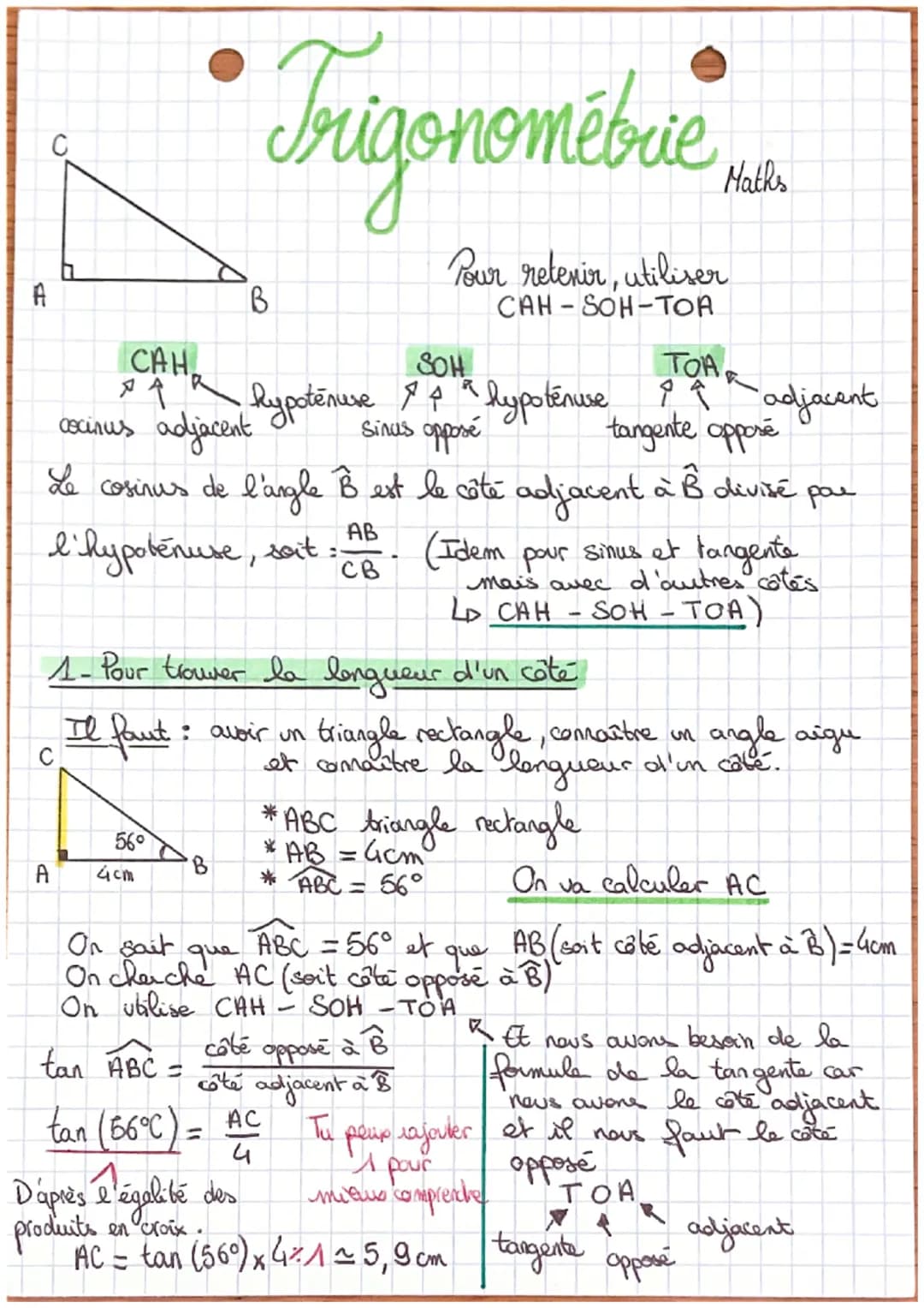 A
O
CAH
个
A
R
56°
4cm
cocinus
adjacent
Le cosinus de l'angle B est le côté adjacent à B divisé par
l'hypotenuse, soit
AB
CB
Frigonomébrie
Po