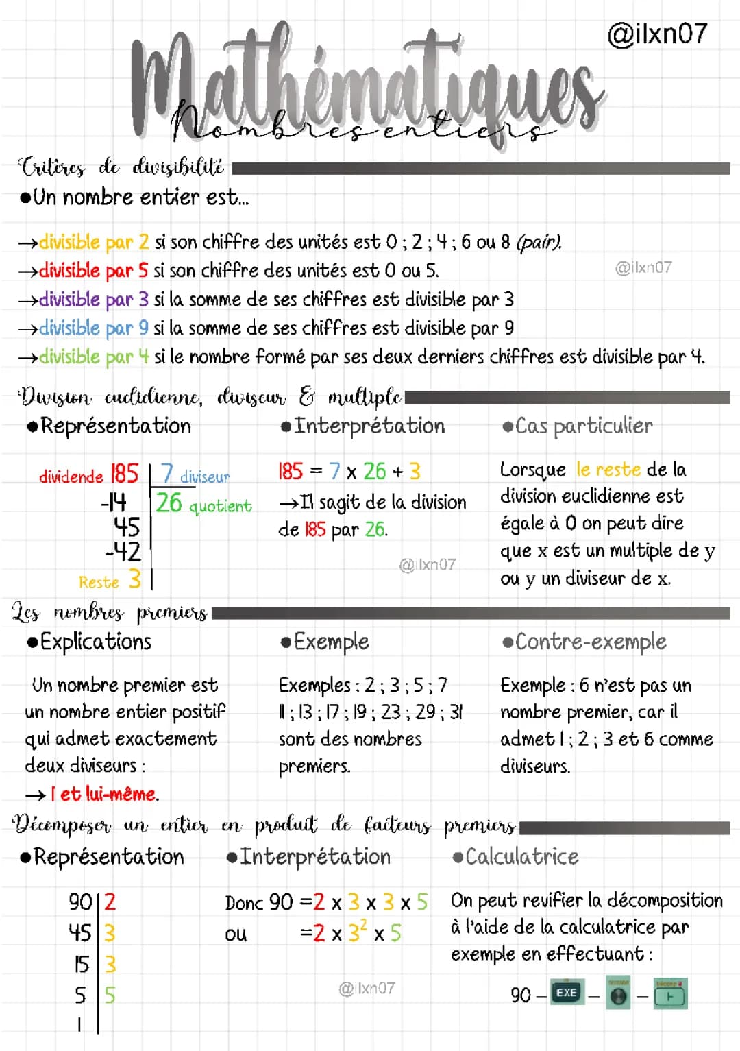 MATHEMATIQUES arithmétique (chapitre 1/2) (fiche quadrillée)