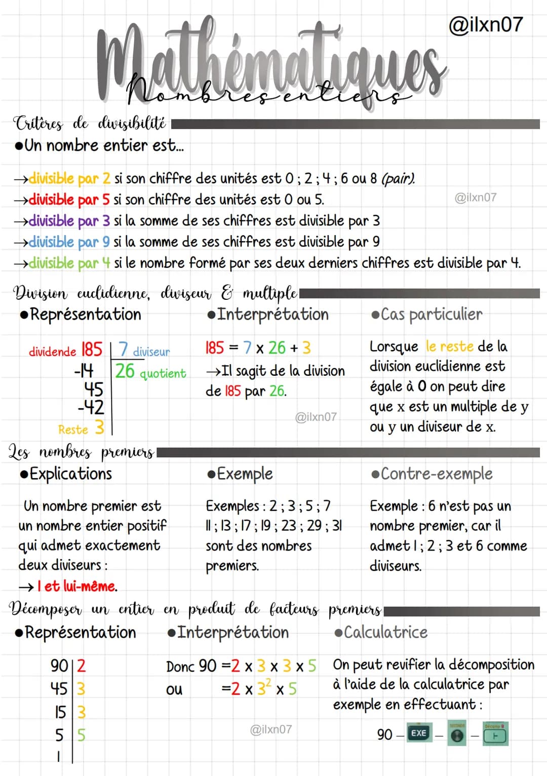 Mathématiques
→divisible par 2 si son chiffre des unités est 0 ; 2; 4; 6 ou 8 (pair).
→divisible par 5 son chiffre des unités est 0 ou 5.
pa