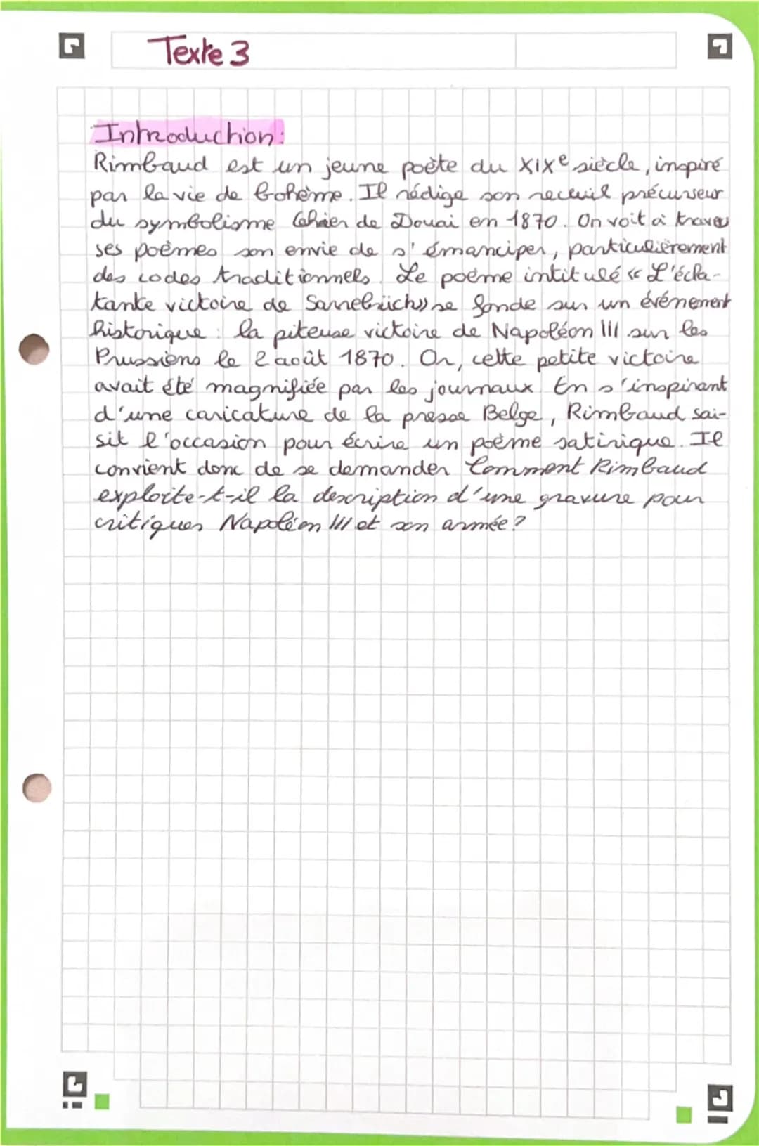 --- OCR Start ---
Texte 3
Introduction:
Rimbaud est un jeune poète du XIXe siècle, inspiré
par la vie de bohème. Il rédige son recueil précu