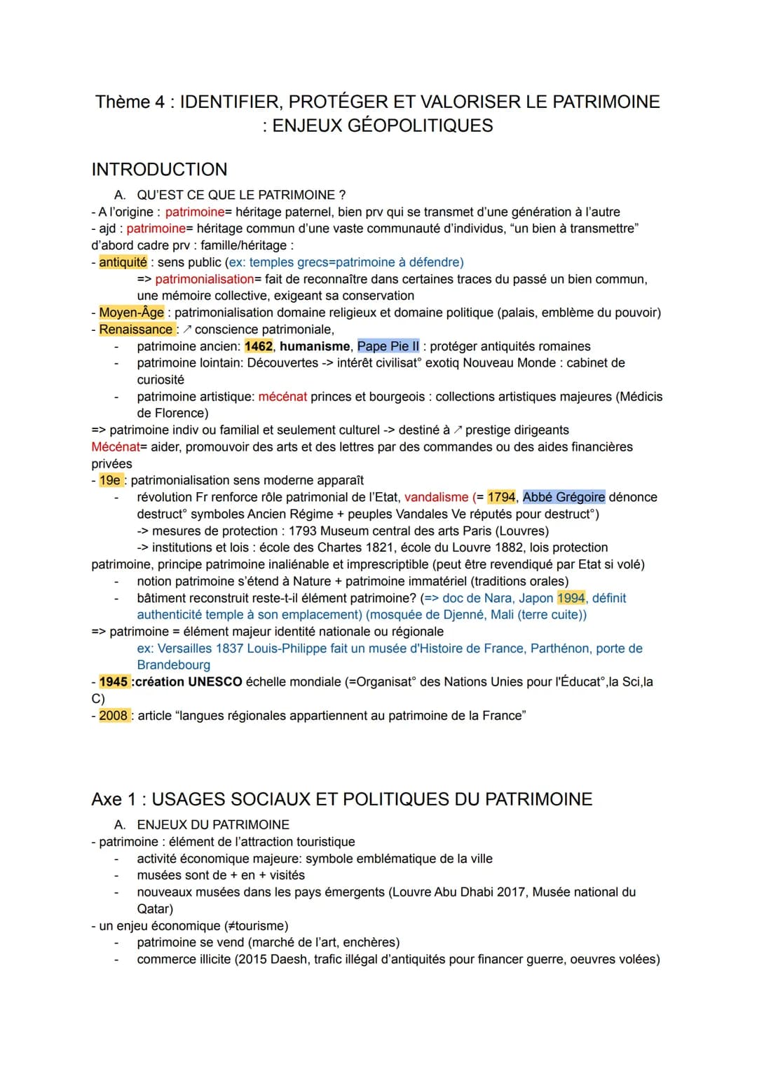 Thème 4 : IDENTIFIER, PROTÉGER ET VALORISER LE PATRIMOINE
: ENJEUX GÉOPOLITIQUES
INTRODUCTION
A. QU'EST CE QUE LE PATRIMOINE ?
- A l'origine