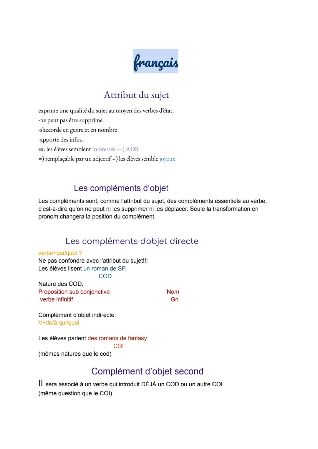 Attribut du sujet
exprime une qualité du sujet au moyen des verbes d'état.
-ne peut pas être supprimé
-s'accorde en genre et en nombre
-appo