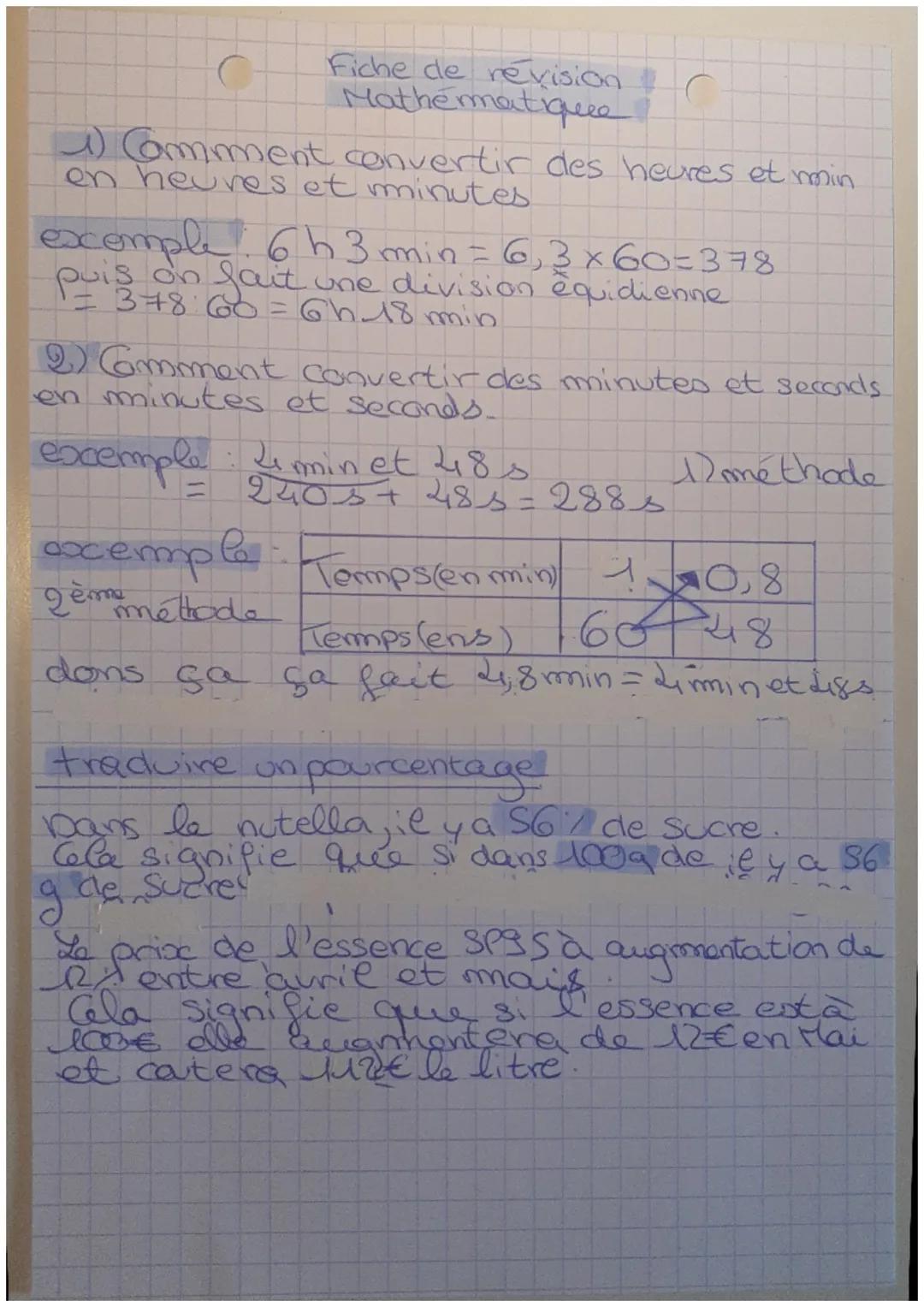 i) Comment convertir des heures et min
en heures et minutes
Fiche de revision
Mathématique
exemple 6h 3 min = 6,3 x 60=378
puis on fait une 