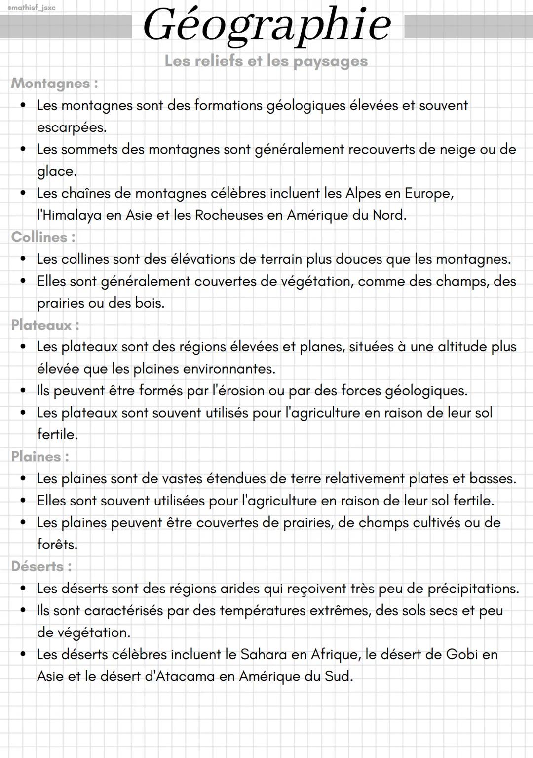 emathist jsxc
# Géographie
Les reliefs et les paysages
Montagnes:
- Les montagnes sont des formations géologiques élevées et souvent
escarpé