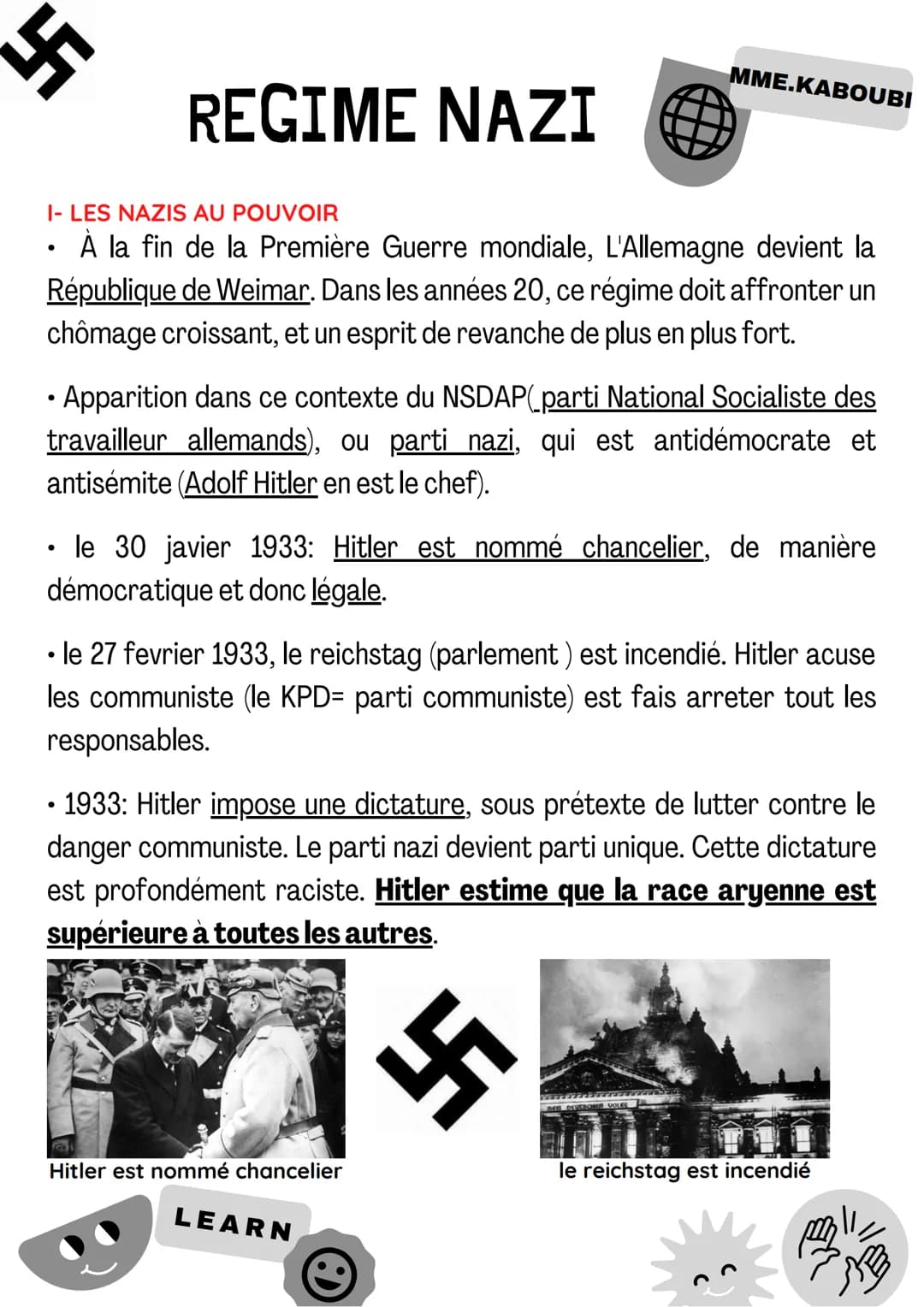 5
REGIME NAZI
I- LES NAZIS AU POUVOIR
●
• À la fin de la Première Guerre mondiale, L'Allemagne devient la
République de Weimar. Dans les ann