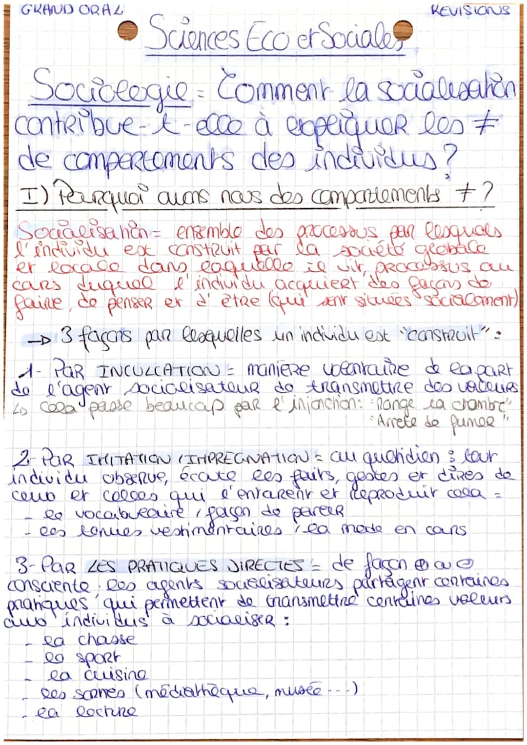 GRAND ORAL
Sciences Eco er Sociale
Souvlogie Comment la socialisatio
contribue-t-ecco à expliquer les +
de comportaments des individus?
I) P