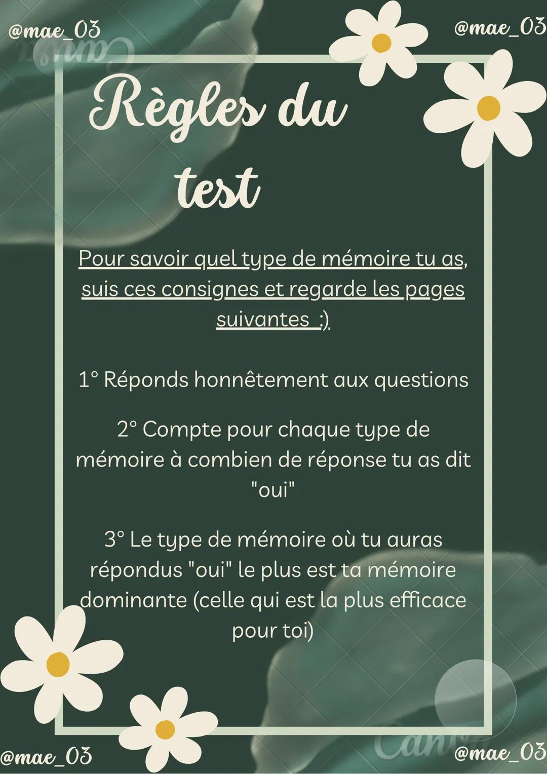 @mae_03
Crum
@mae_03
Quel type de
mémoire as-tu ?
Mémoire visuelle ? Auditive ? Ou encore
kinesthésique ?
Regarde cette fiche pour en savoir