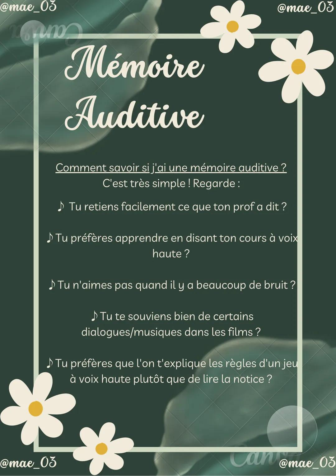 @mae_03
Crum
@mae_03
Quel type de
mémoire as-tu ?
Mémoire visuelle ? Auditive ? Ou encore
kinesthésique ?
Regarde cette fiche pour en savoir
