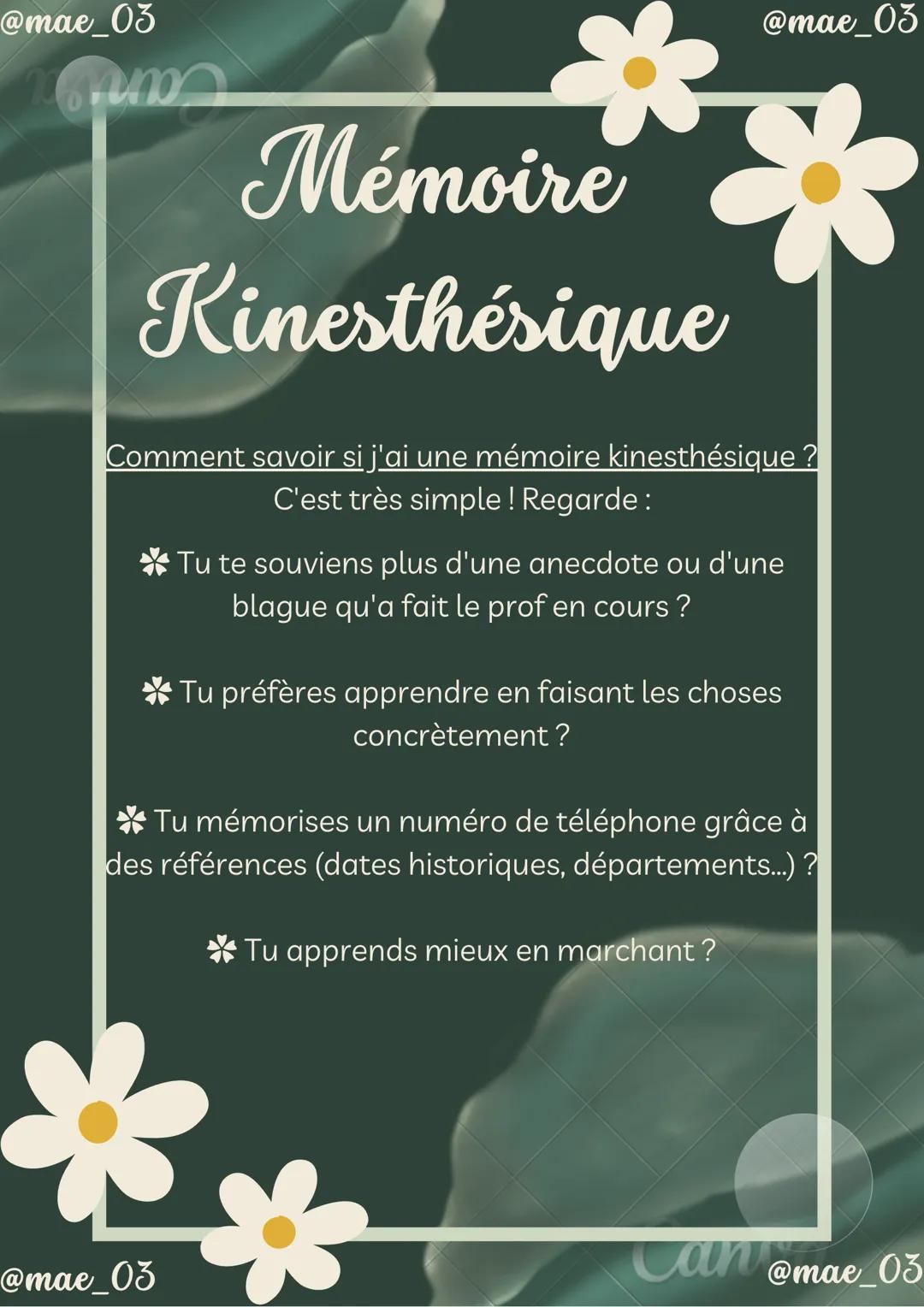 @mae_03
Crum
@mae_03
Quel type de
mémoire as-tu ?
Mémoire visuelle ? Auditive ? Ou encore
kinesthésique ?
Regarde cette fiche pour en savoir