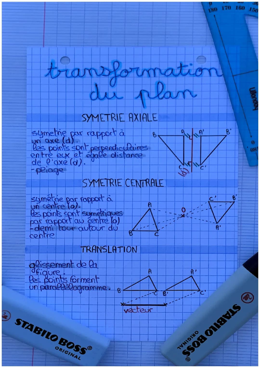 180 170 160 150
transformation
du plan
SYMETRIE AXIALE
symetrie par rapport à
un axe (d).
les points sont perpendiculaires
entre eux et égal