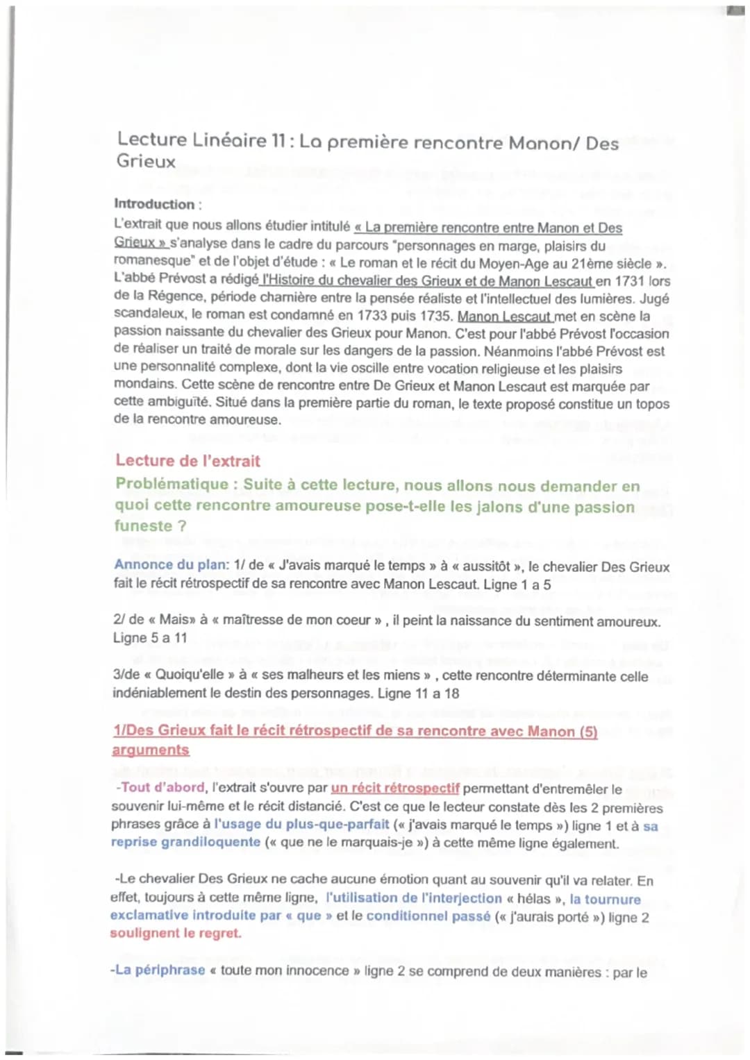 Lecture Linéaire 11: La première rencontre Manon/ Des
Grieux
Introduction :
L'extrait que nous allons étudier intitulé « La première rencont
