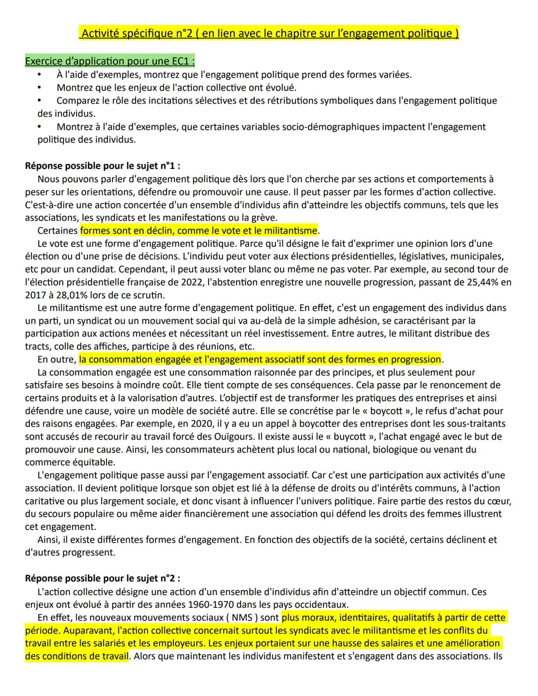 Exercice d'application pour une EC1:
À l'aide d'exemples, montrez que l'engagement politique prend des formes variées.
Montrez que les enjeu