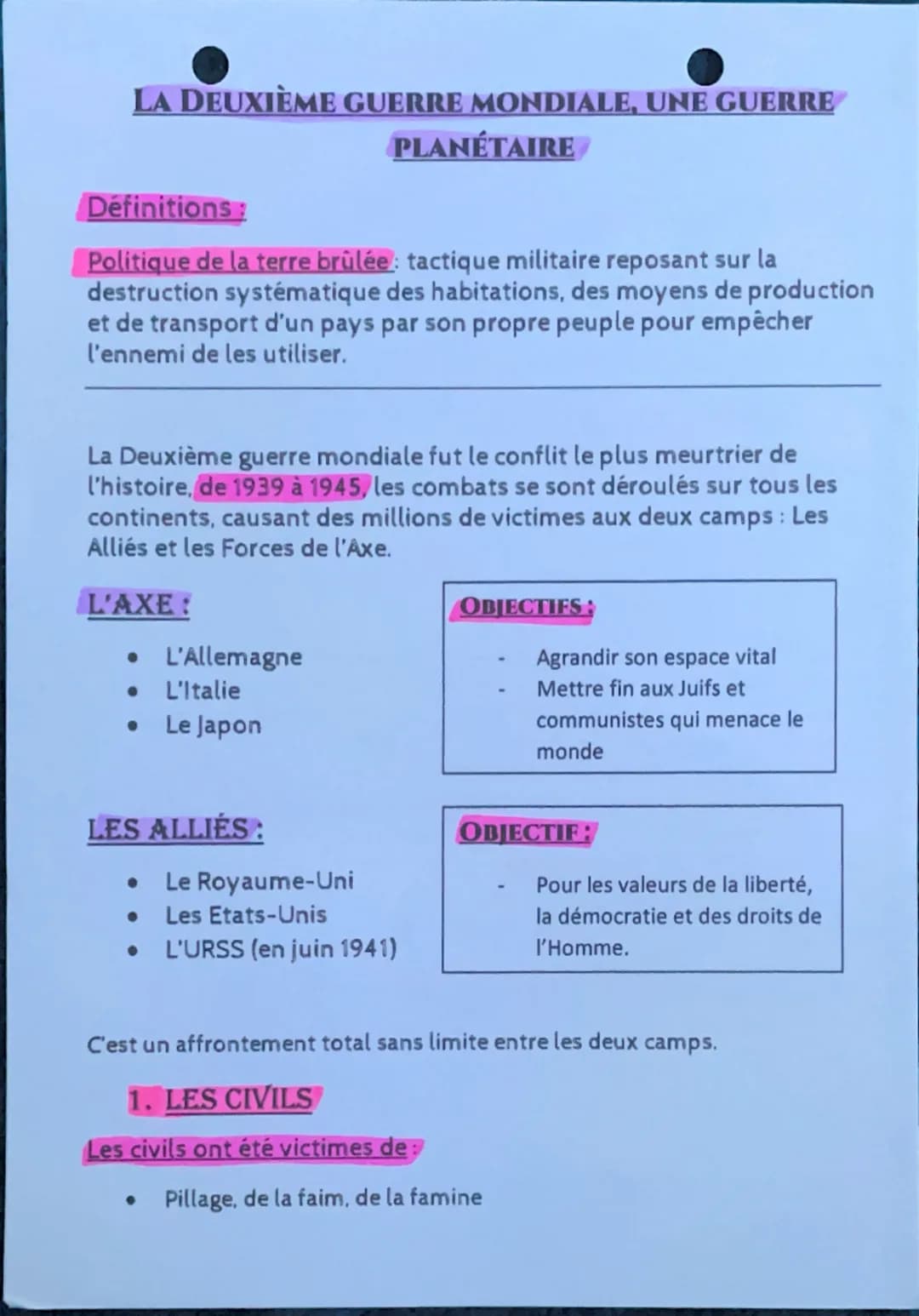 --- OCR Start ---
LA DEUXIÈME GUERRE MONDIALE, UNE GUERRE
PLANÉTAIRE
Définitions
Politique de la terre brûlée: tactique militaire reposant s